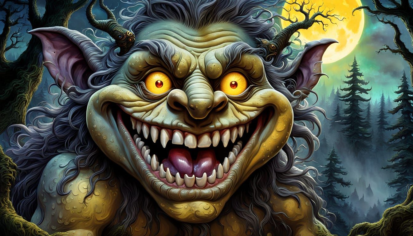 A cartoonish Troll, centrally positioned, has a wide, menaci...