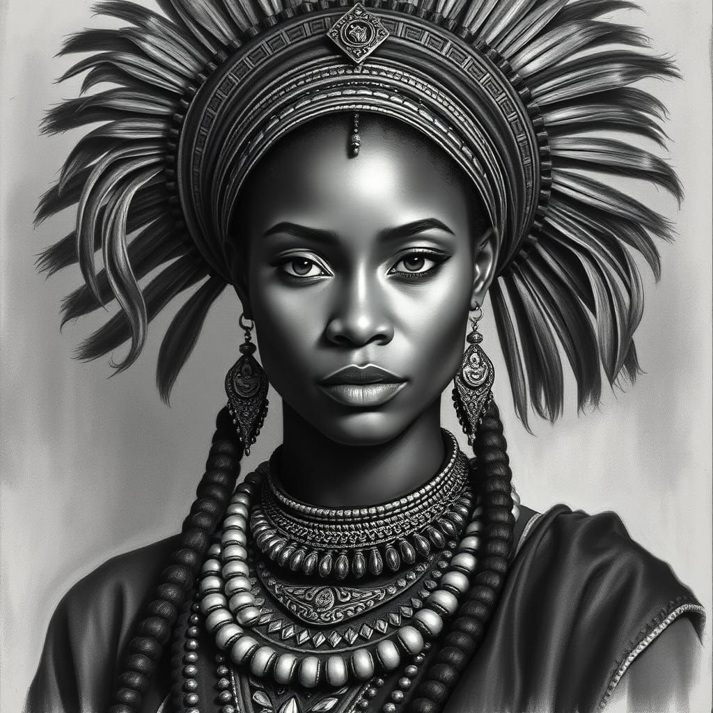 Elegant African Woman in Traditional Tribal Attire, Charcoal...