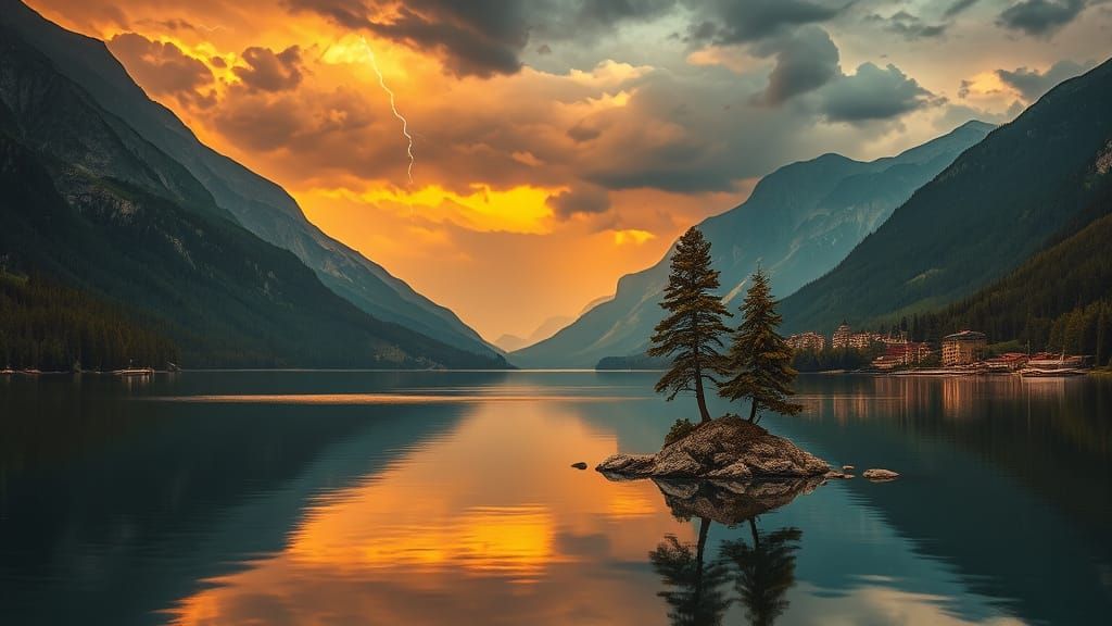 Tranquil Lake in a Dramatic Mountain Valley, Impressionistic...