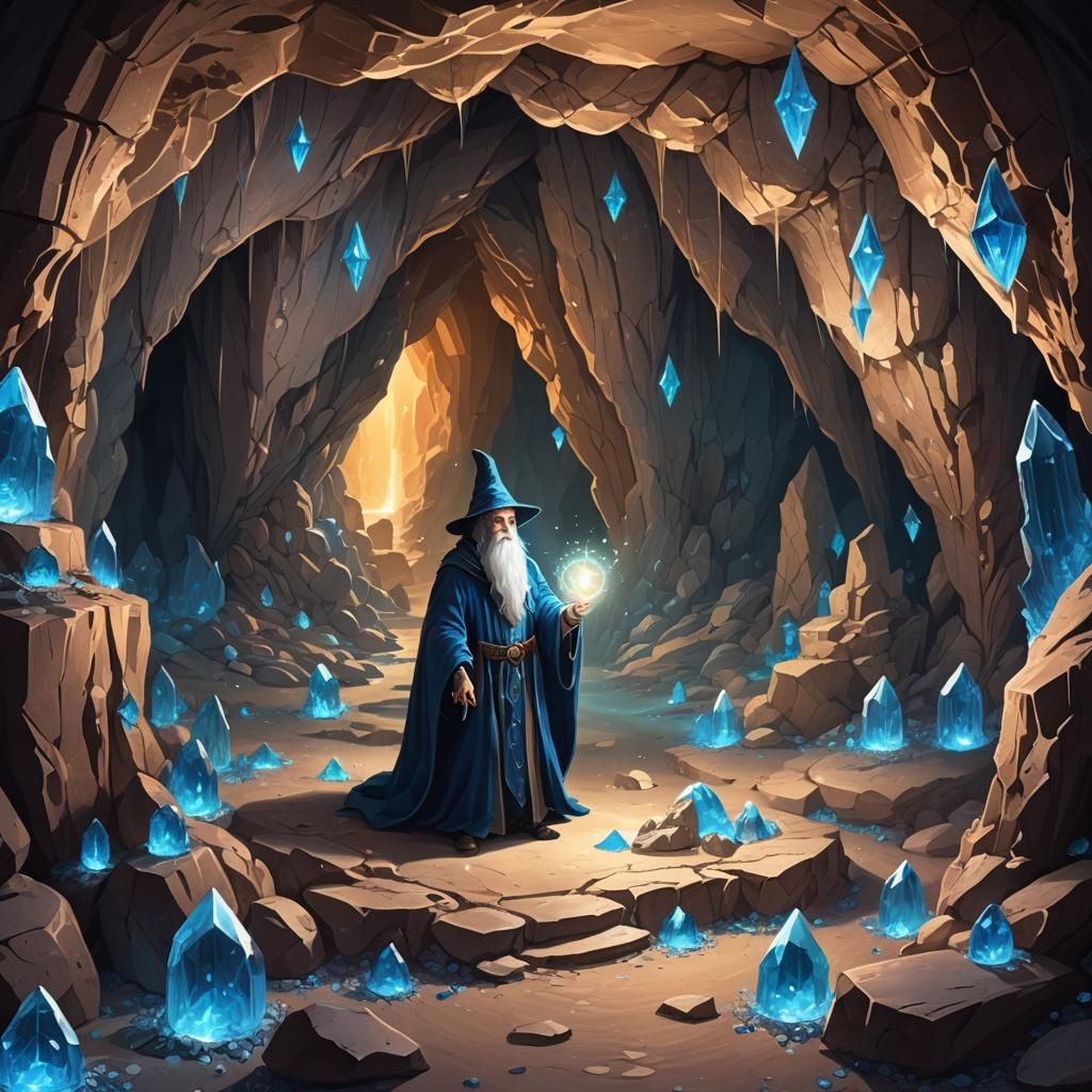 Magical Cave with Wizard and Blue Crystal Portal