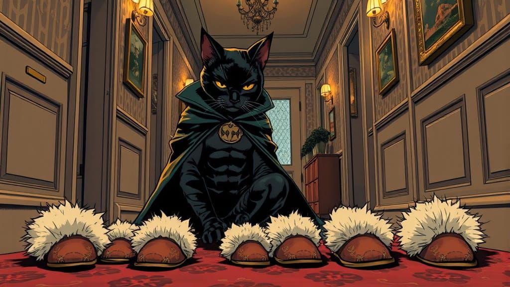 Cat Supervillain Contemplates Slippers in Noir Comic Art