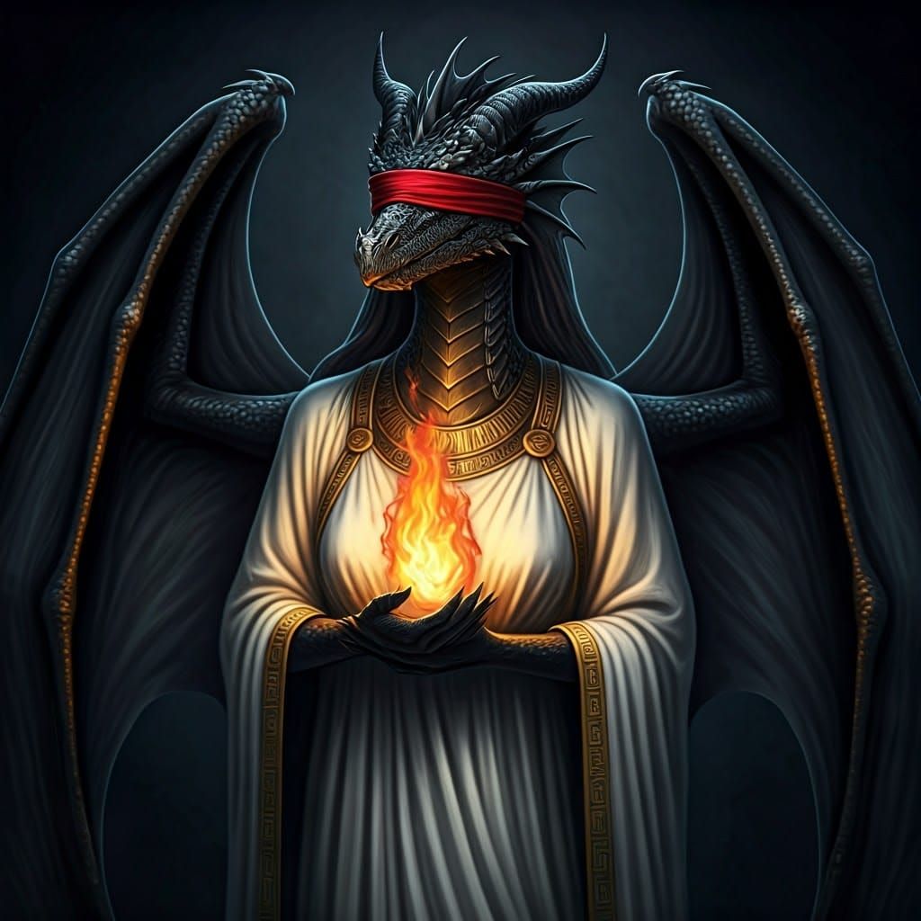 Serene Dragon Oracle in Grecian Robes with Onyx Scales and B...
