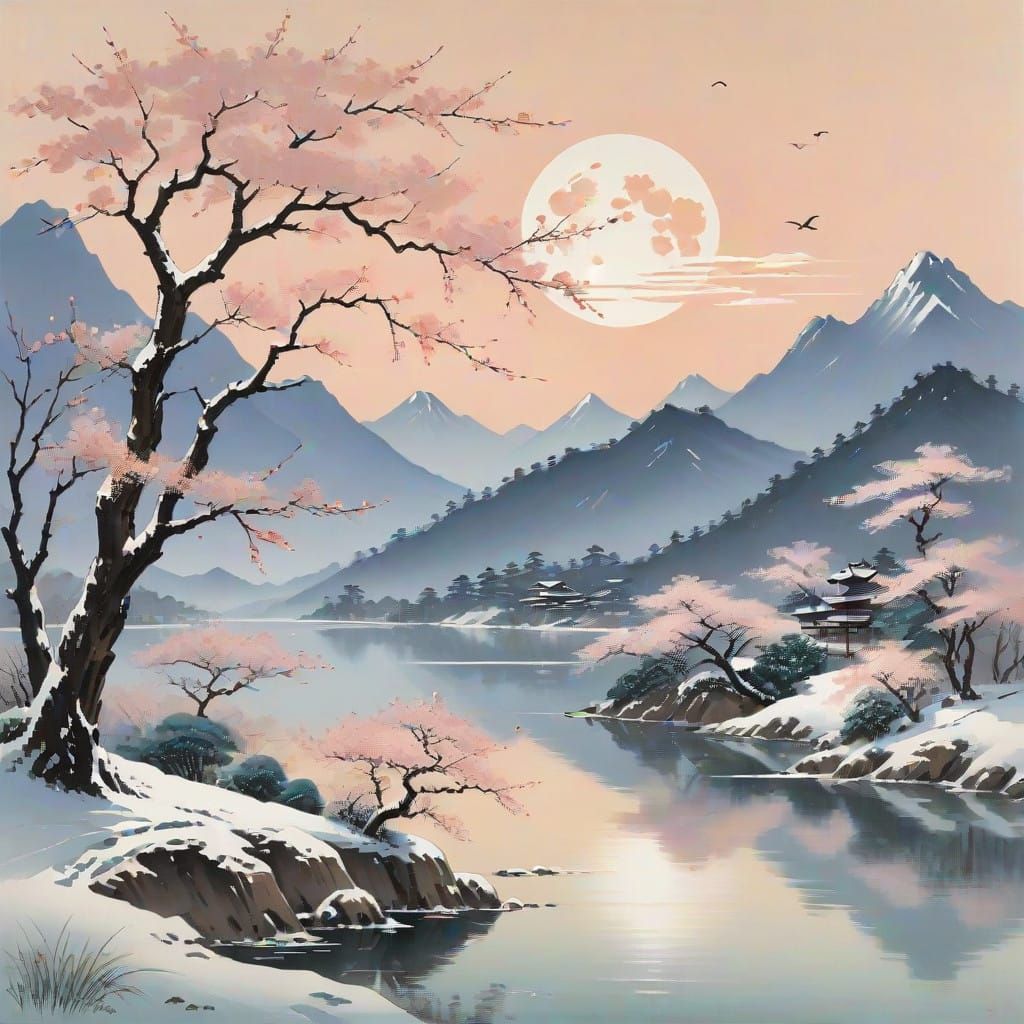 Serene East Asian Landscape with Pink Blossoms and Snow