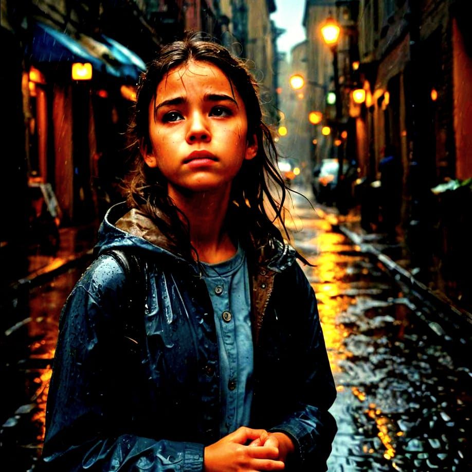 Lonely Girl in Rainy Alleyway: Cinematic Urban Night