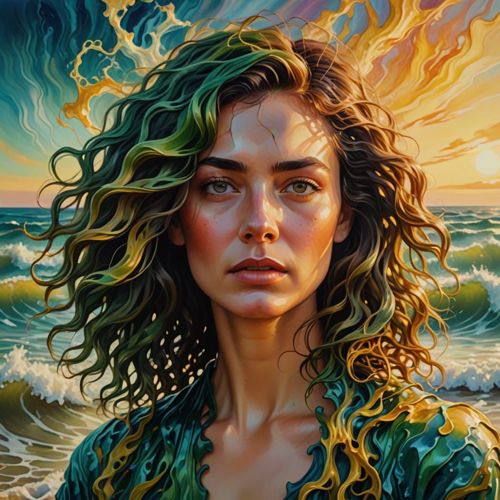 Surreal Woman with Ocean Waves, Oil Painting