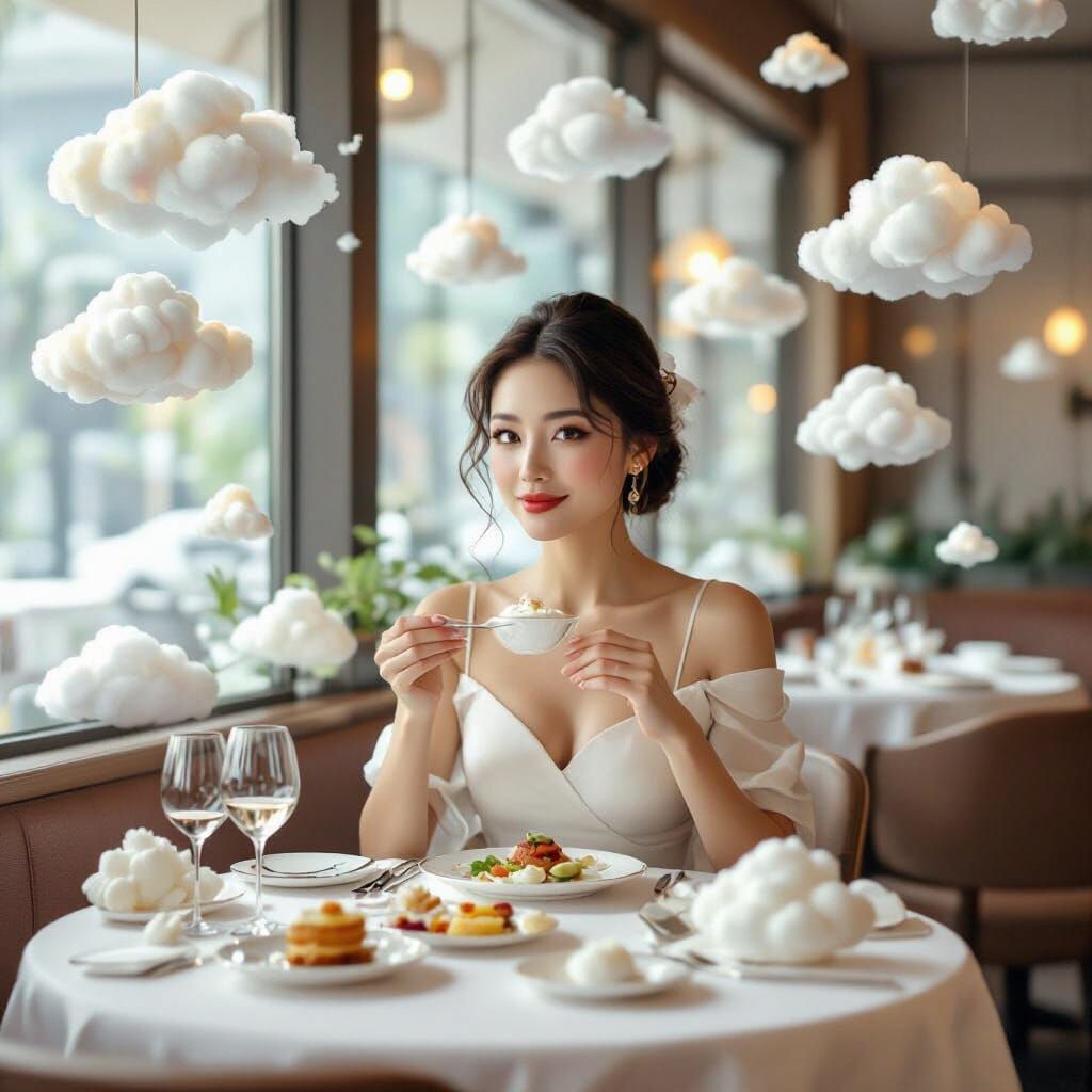 Elegant Woman's Cloud Meal: Dreamy Surrealism