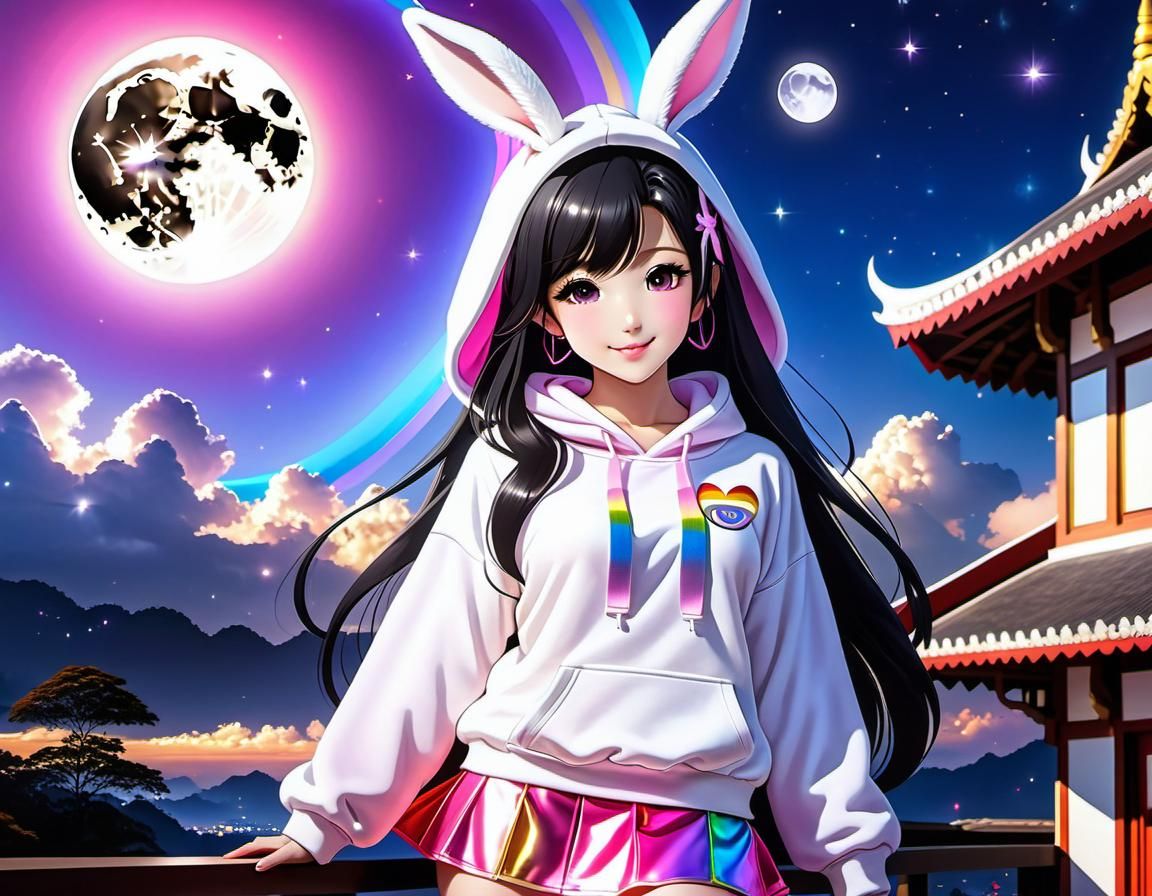 Anime Girl in Bunny Hoodie with Moonlit Background