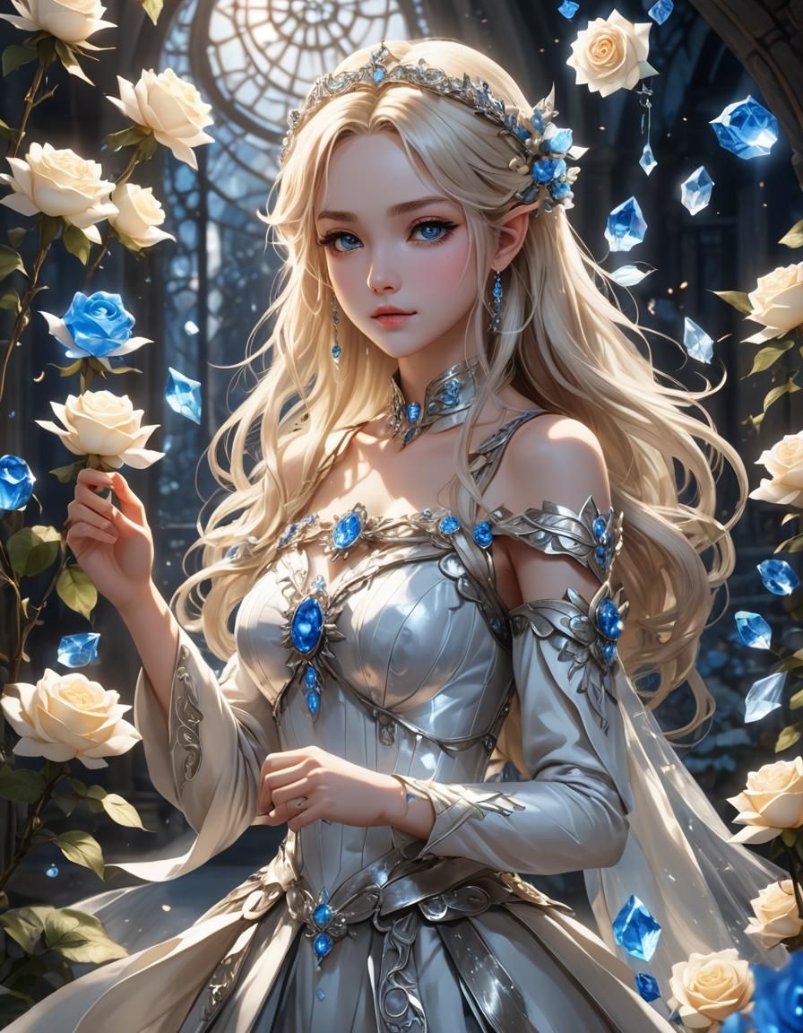Silver Enchantress with Blue Rose in Hyperrealistic Style