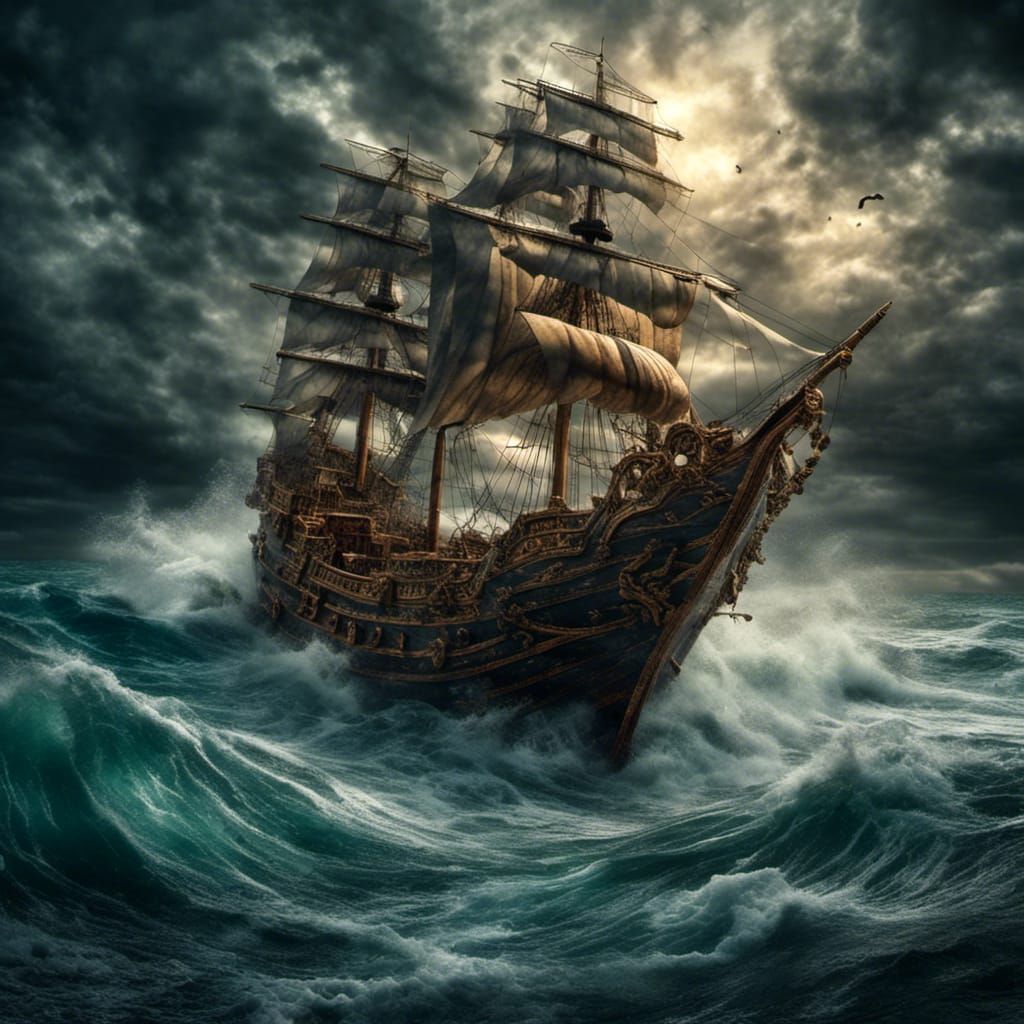 Poseidon's Pirate Ship Painting in Hyperrealistic Style