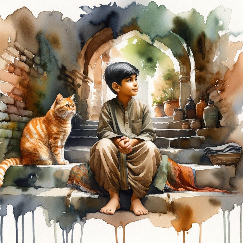 Boy and Cat on Stone Steps in Watercolour Style