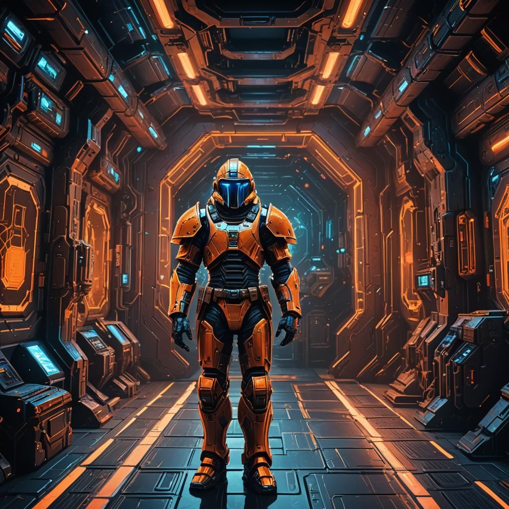 Space Knight Guards Galactic Vault in Neon Light