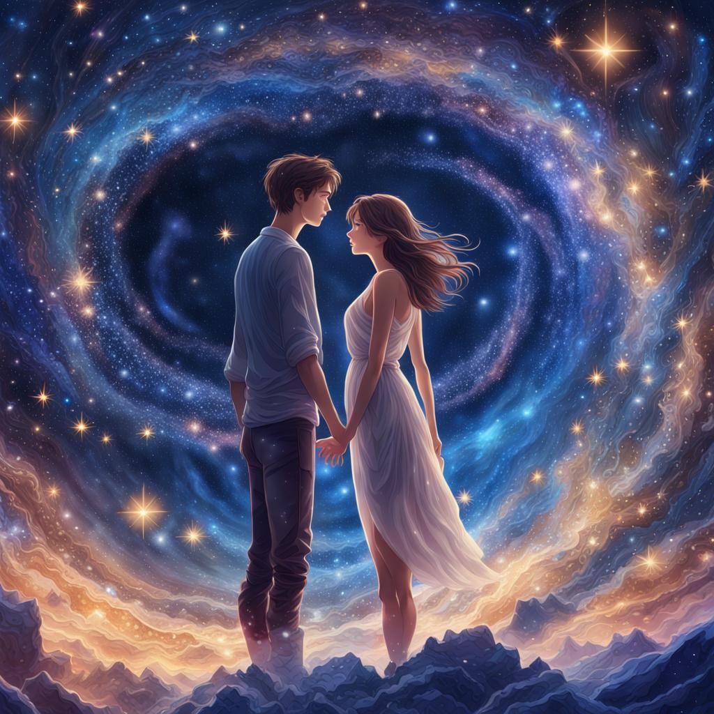 Couple in Love Floating in Cosmic Starry Sky