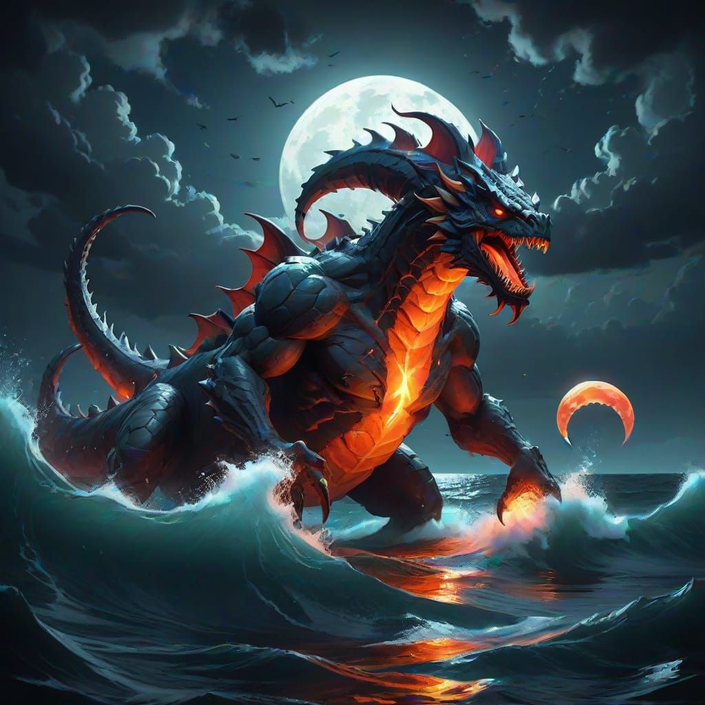 Dark Fantasy Sea Monster Rises Under Blood Moon