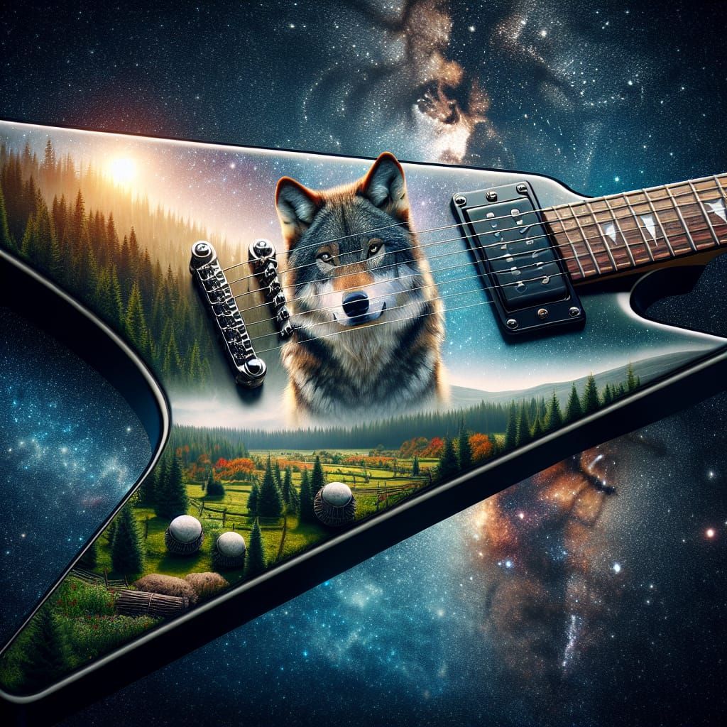 Electric Guitar with Wolf in Starfield Landscape