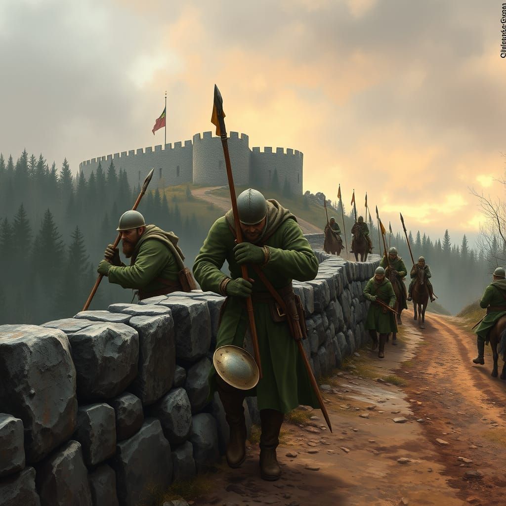 Medieval Warriors Construct Fortified Road in Hyperrealistic...