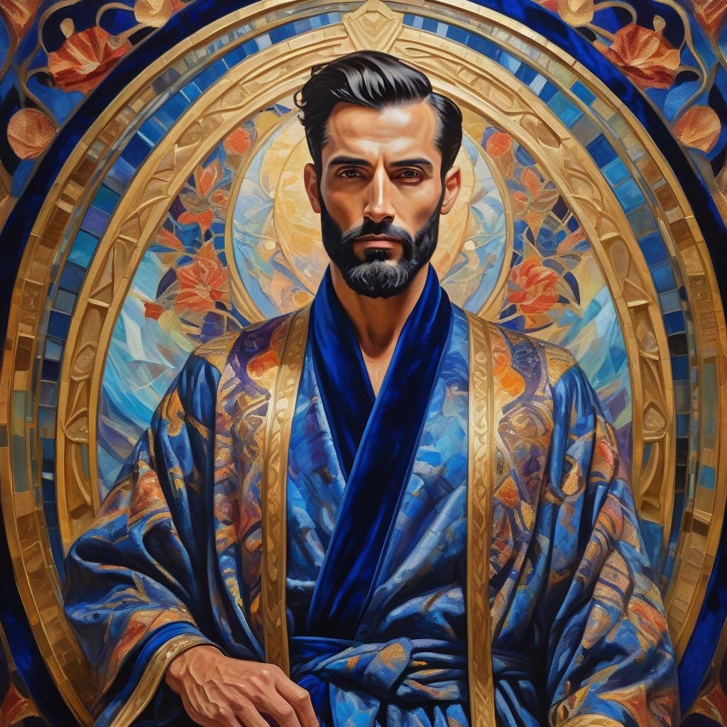 Divine King in Blue Velvet: An Art Nouveau Portrait