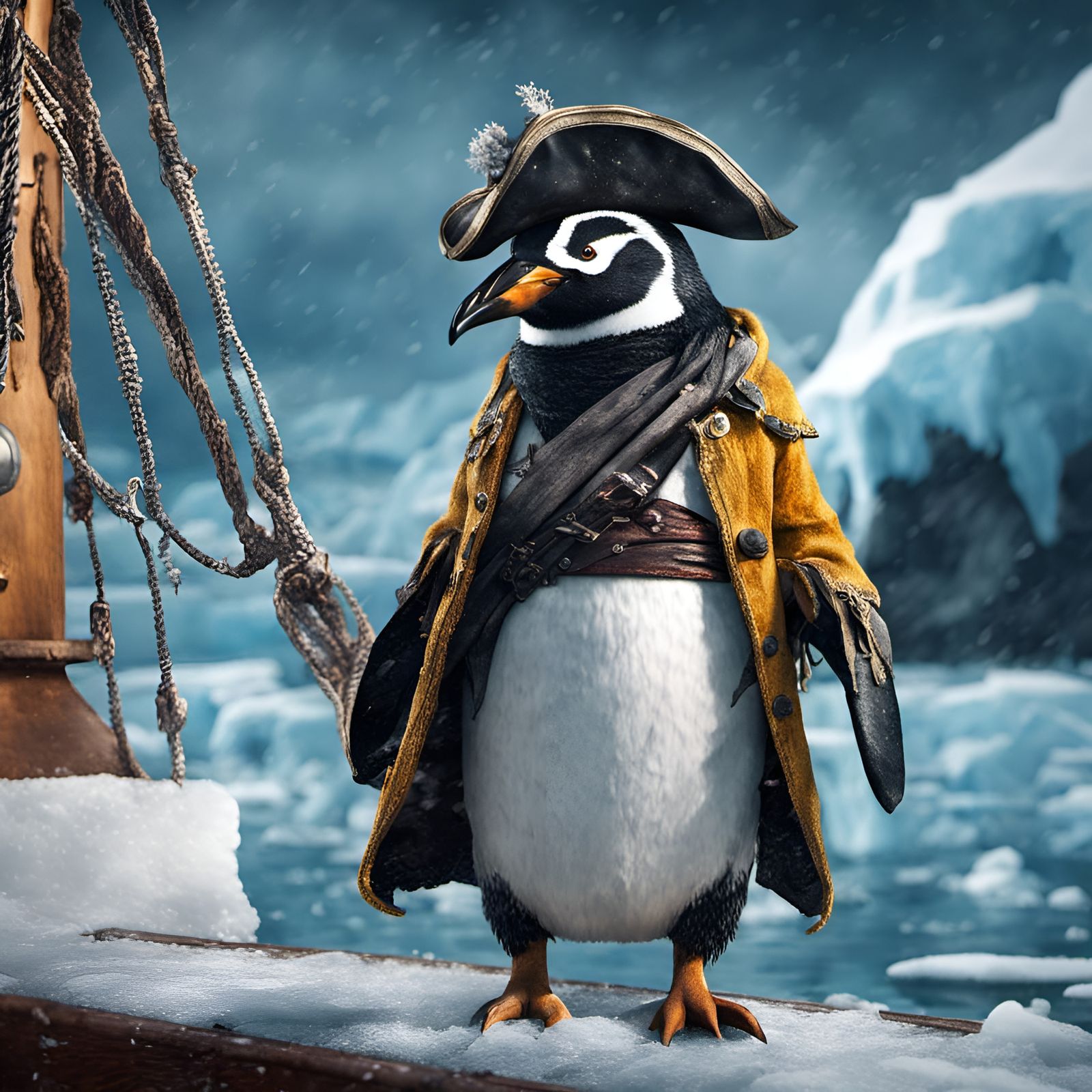 Pirate Penguin on Arctic Ship: Hyperrealistic Splash Art
