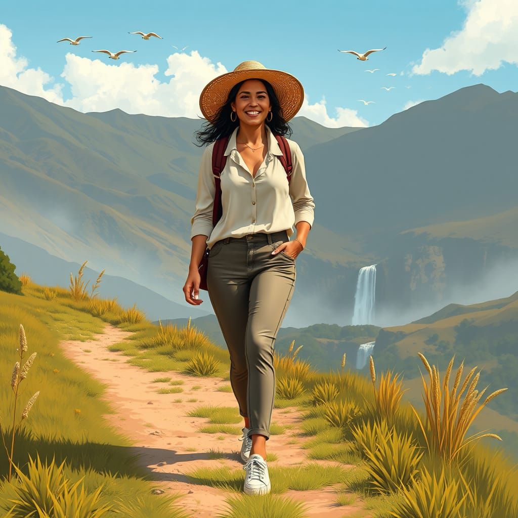 Colombian Woman Walks in Summer Landscape