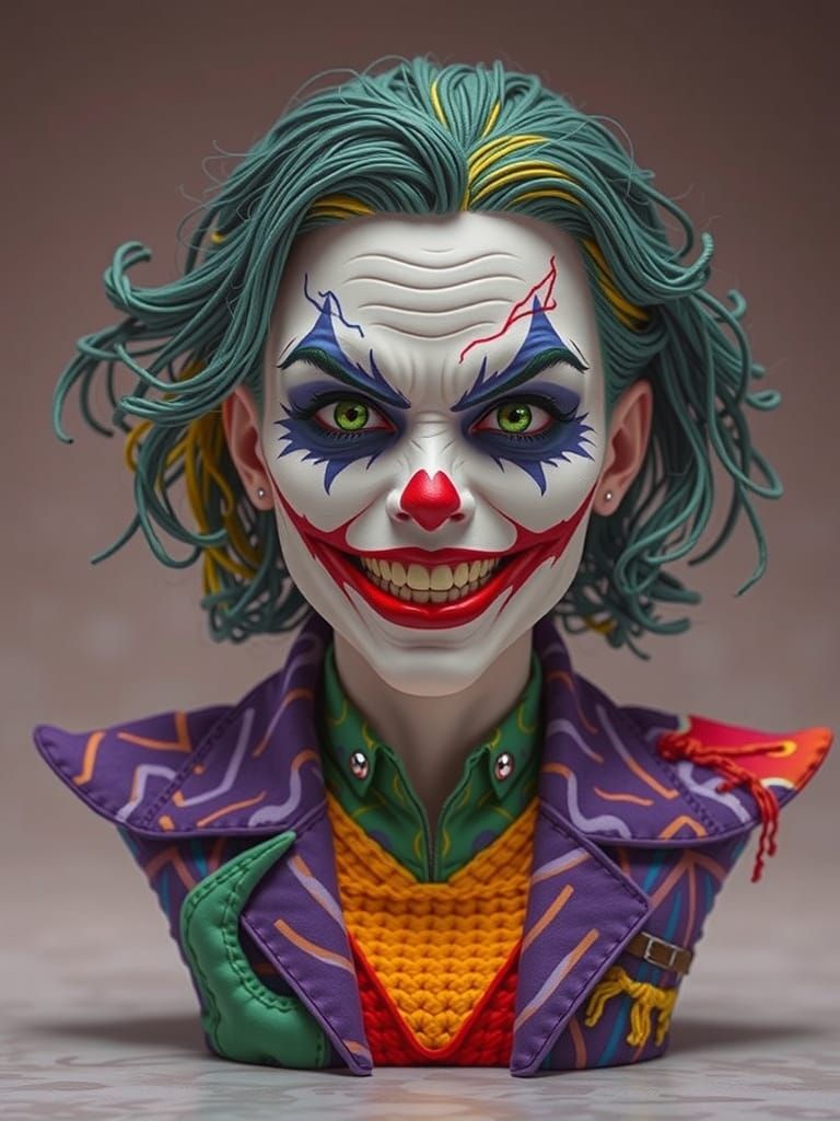 Crocheted Female Joker in Chaotic Gotham City