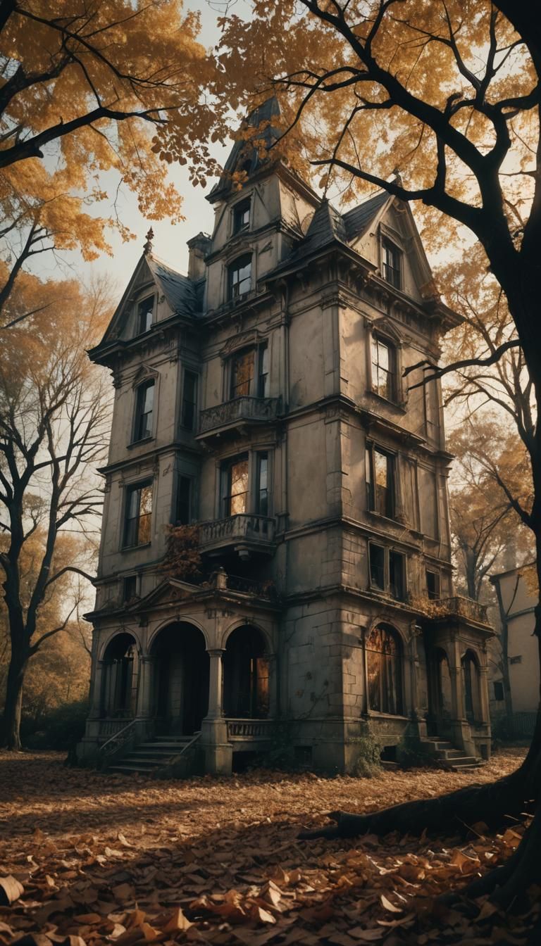 Eerie Gothic Mansion with Glowing Windows in Film Noir Style