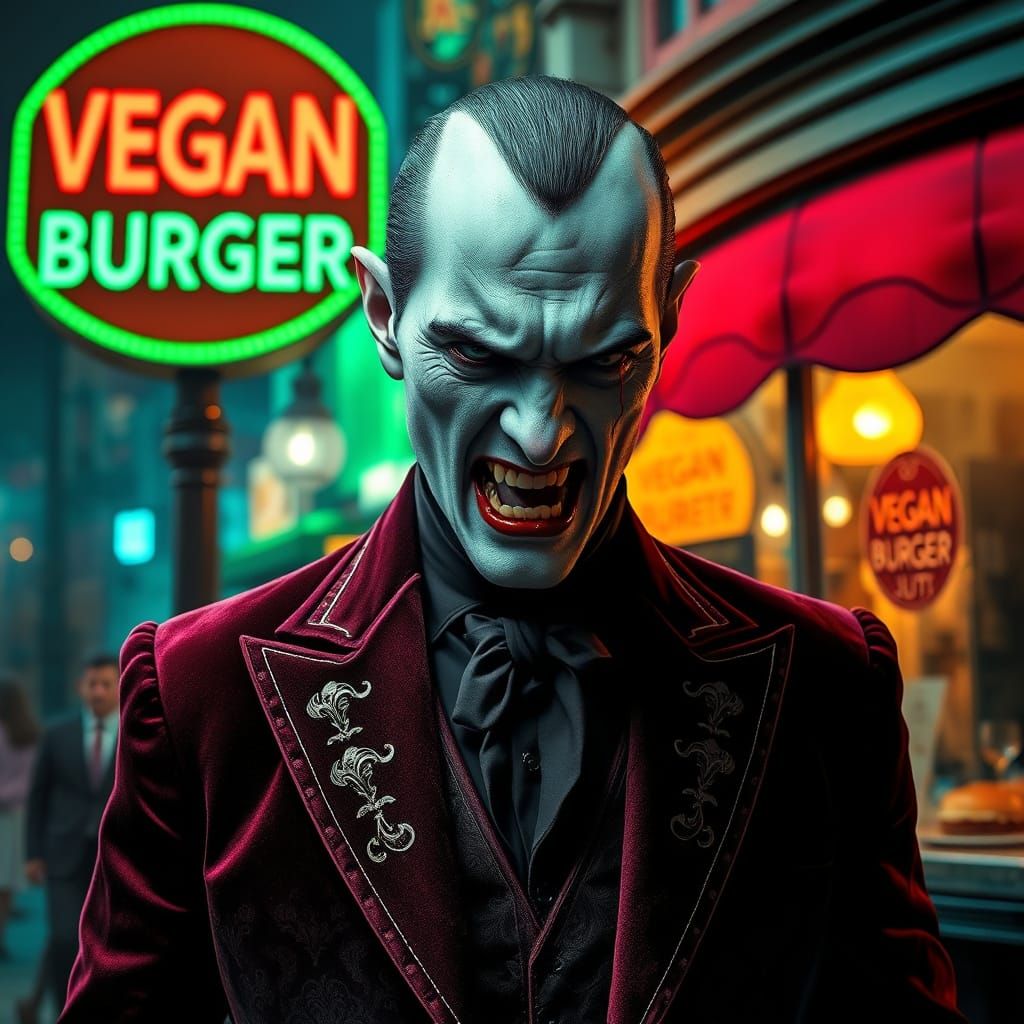 Vampire's Dark Despair in Front of Vibrant Vegan Eatery