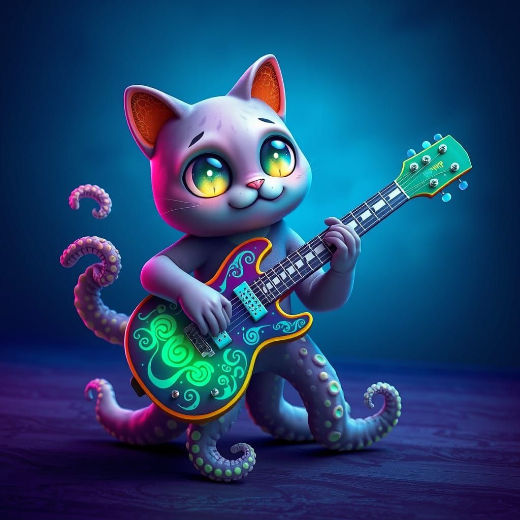 Fantastical Cat Octopus Plays Electric Guitar in Dreamlike S...