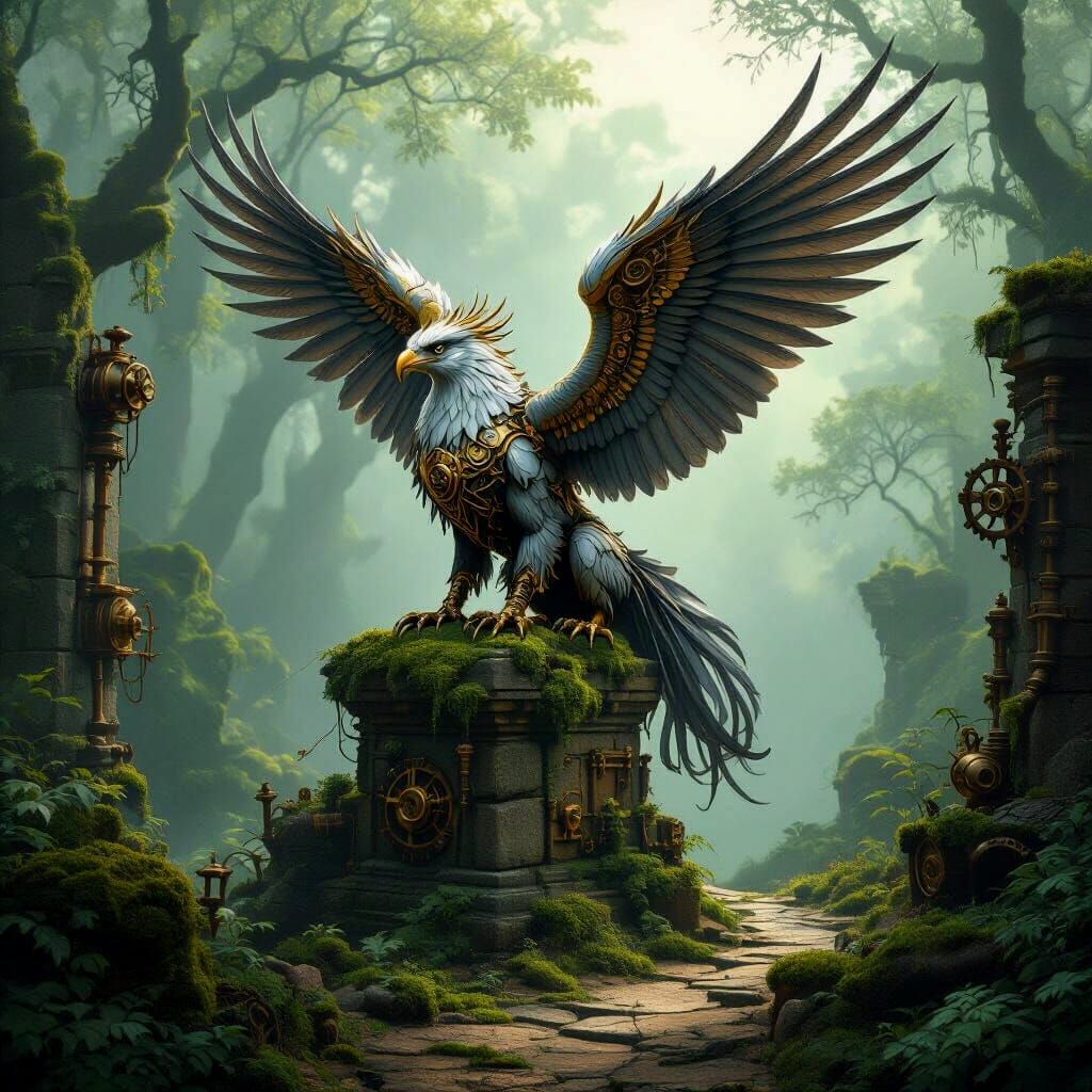 Griffin with Clockwork Wings on Ancient Ruins