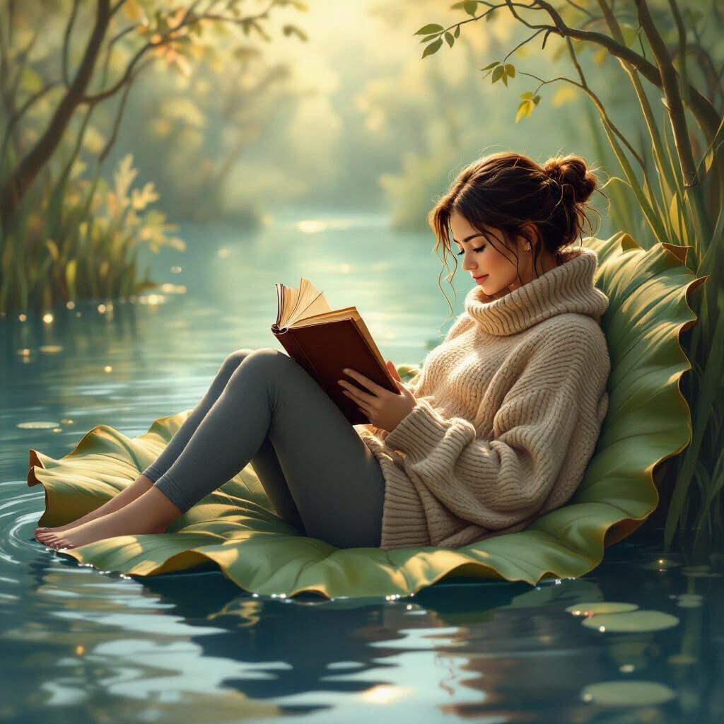 Woman Reading on Leaf in Tranquil Lake
