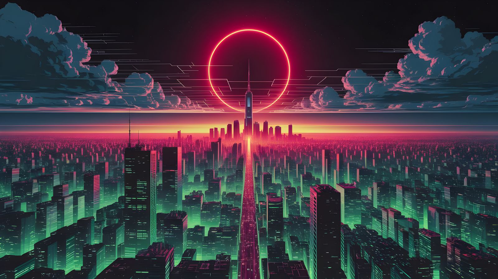 Ethereal Neo-Expressionist Cityscape Under Red Neon Full Moo...