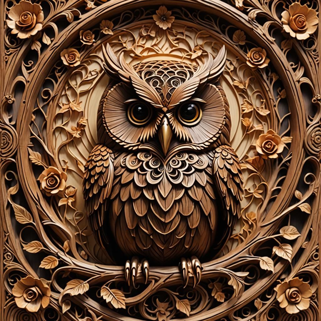 Intricate Wood Carving of Owl and Halloween Face