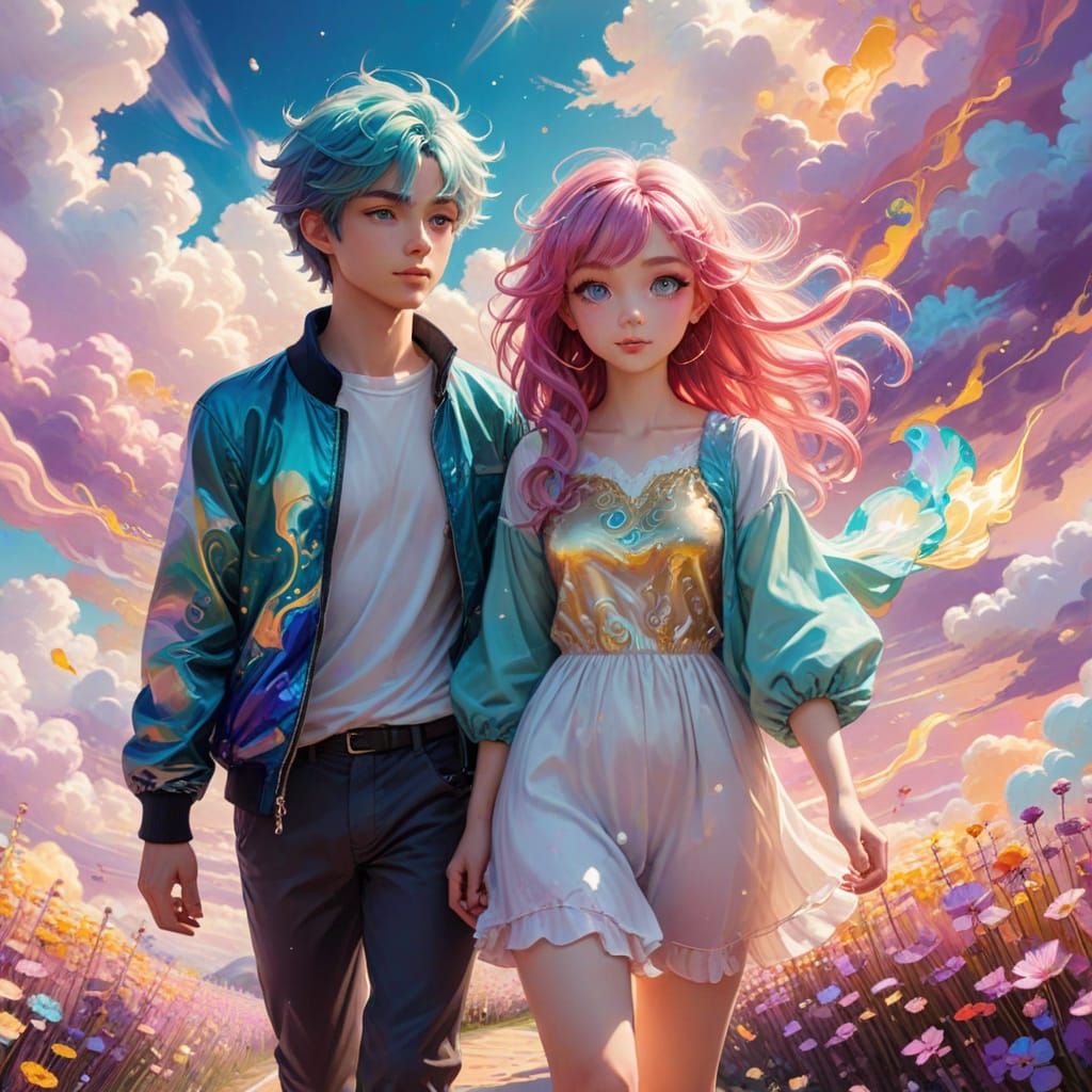 Anime Teens in a Dreamlike Fractal Lane