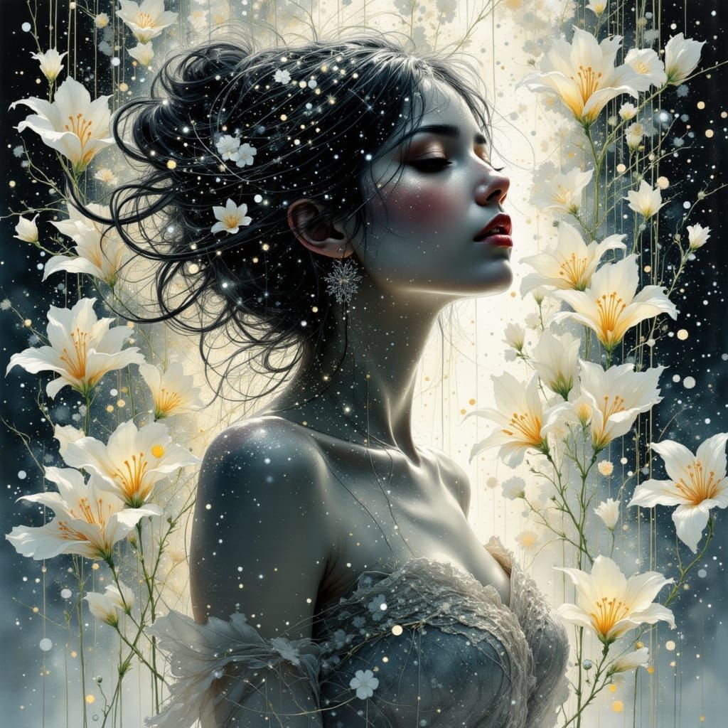 Art Nouveau Woman Embraces Lily Garland in Luminous Watercol...