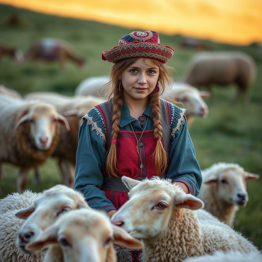 Bulgarian Shepherdess Herding Sheep in a Rolling Landscape