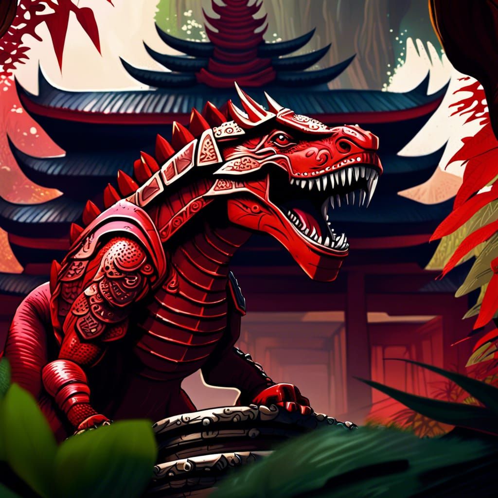 Red Dinosaur Storming Samurai Temple: Hyperrealistic Concept...
