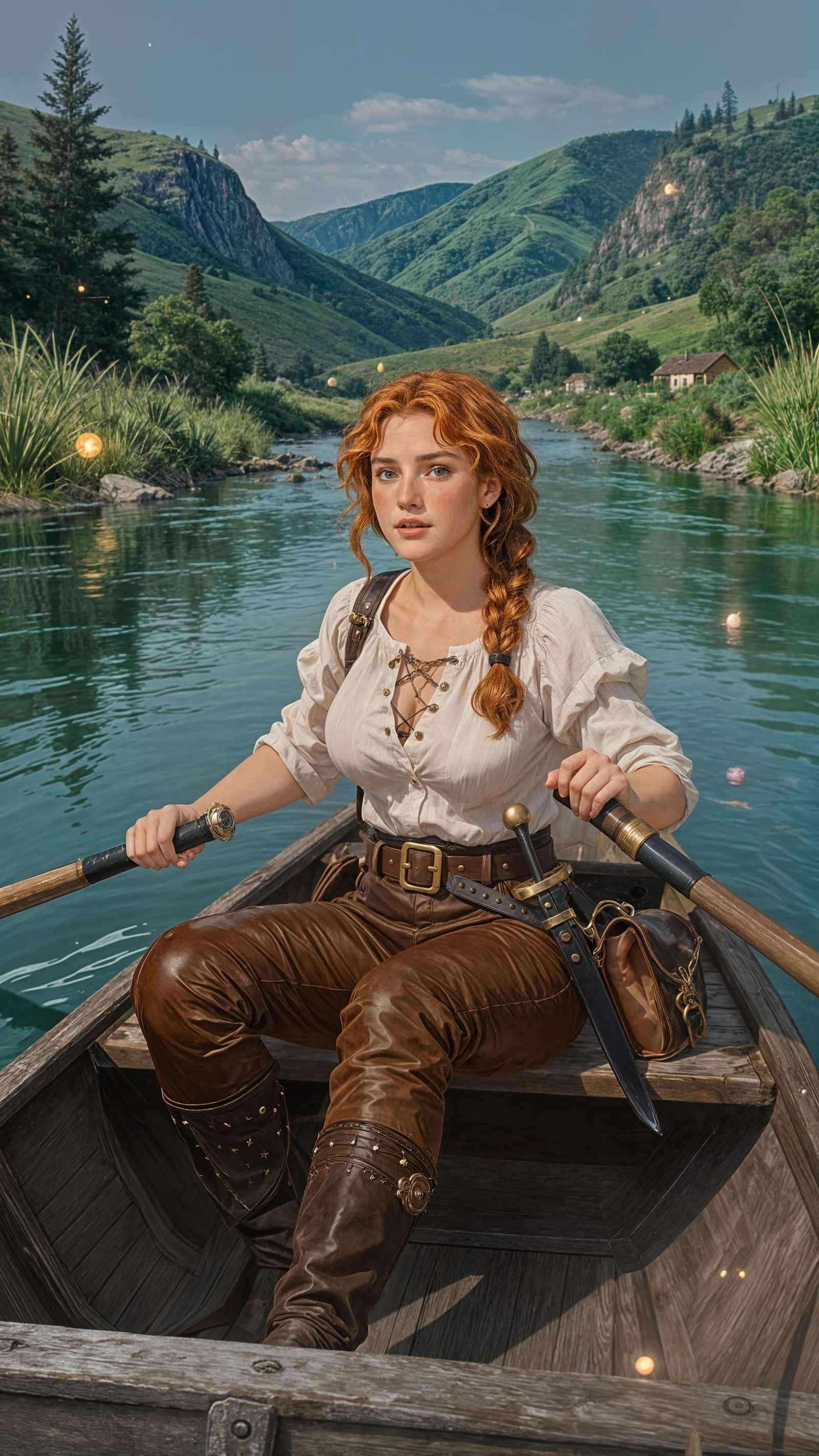 Fantasy Matte Painting Of Woman Rowing Down River At Night