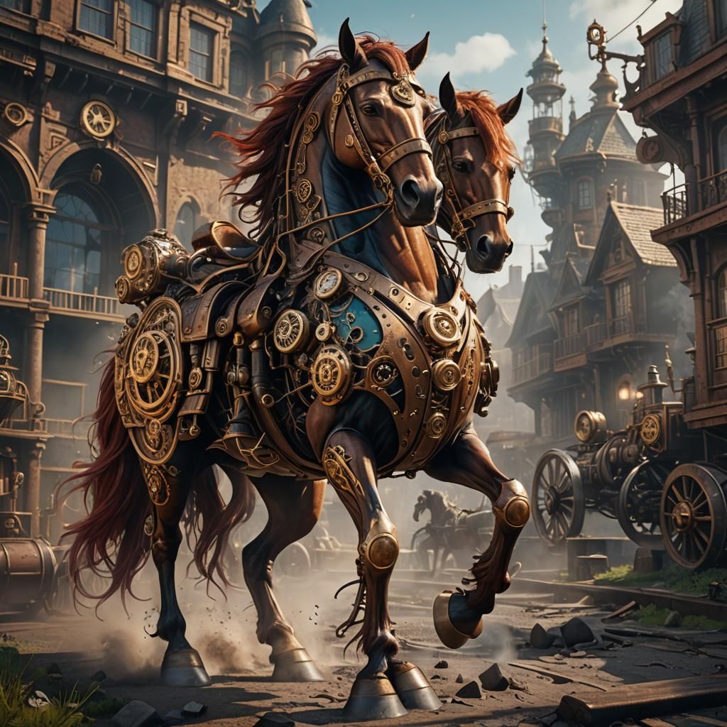 Steampunk Horse Matte Painting in Detailed Style