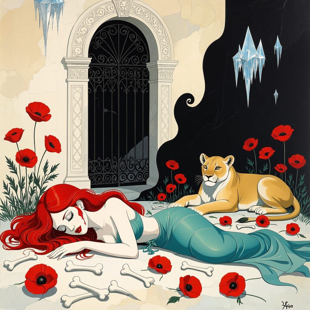 Surreal Dreamscape: Sleeping Ariel Amidst Bones and Poppies