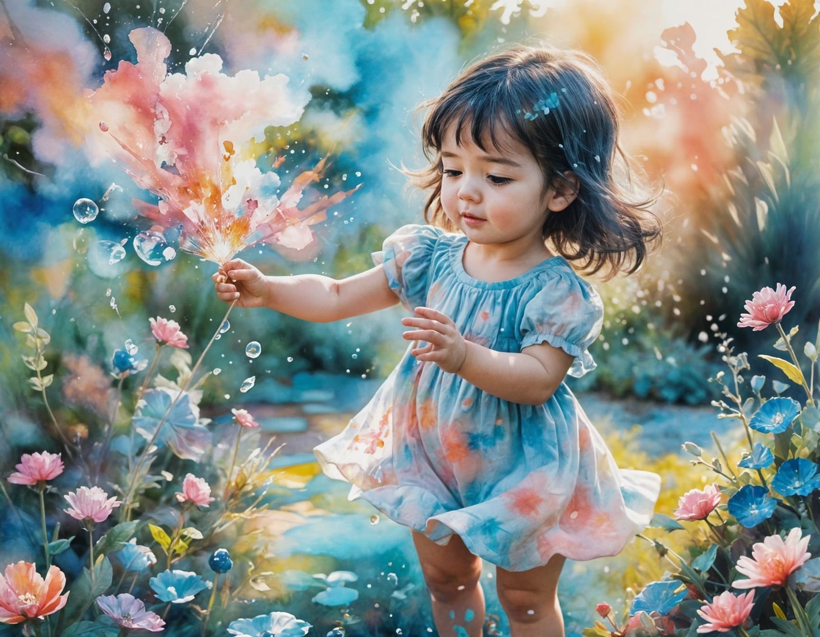 Girl Plays with Crystal Under Watercolor Sunrise