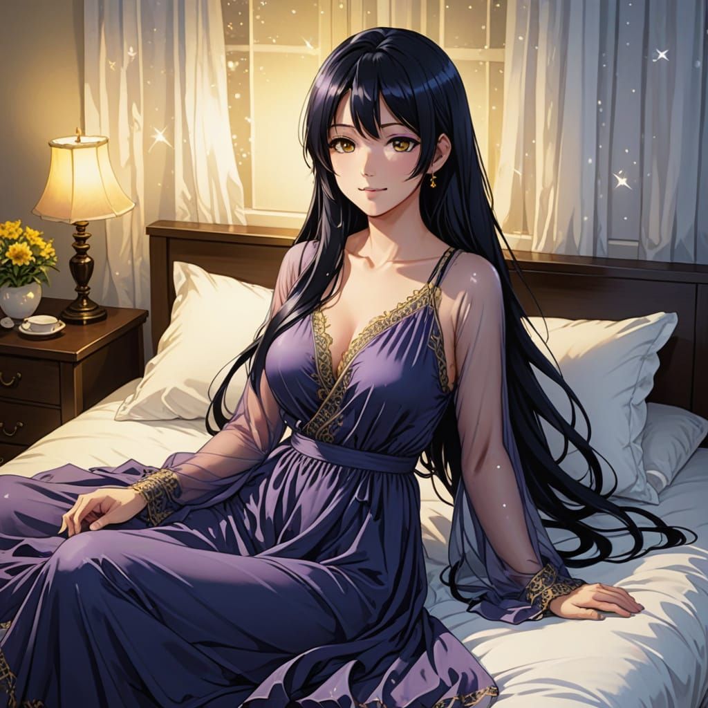 Anime Woman with Flowing Hair in Moonlight