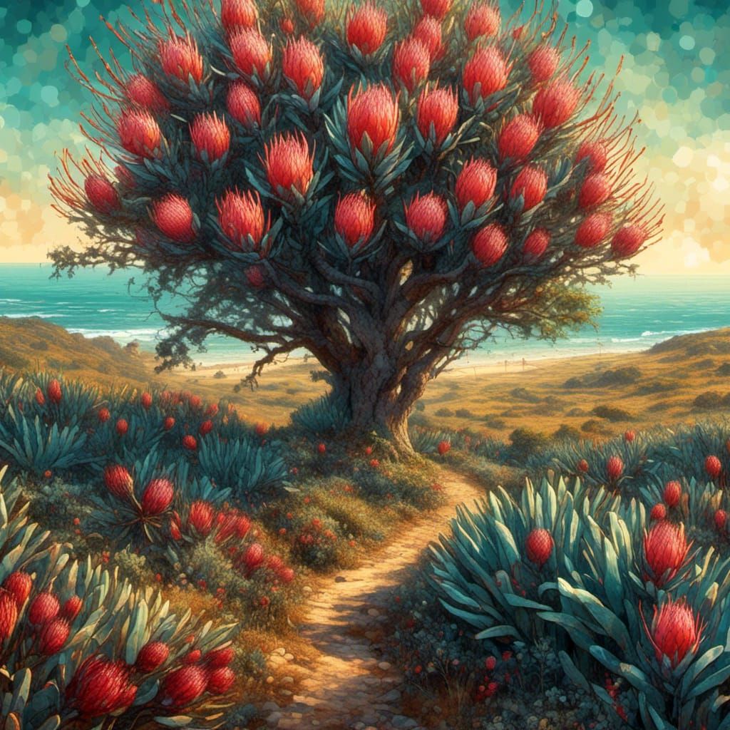 <lora:MOSAIC BEAUTY:1.0> a field of south African protea growing alongside the coastal road