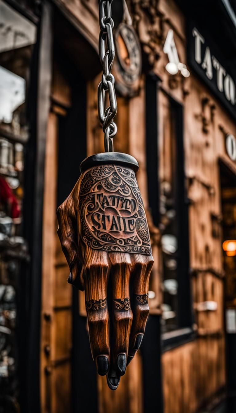 Carved Wooden Hand at Tattoo Shop