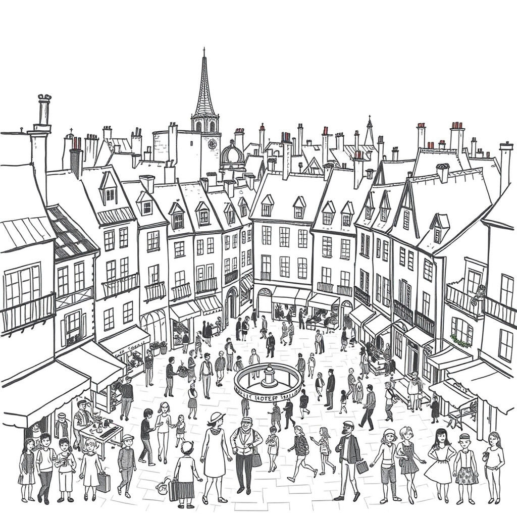 Charming French Cityscape in Naive Pencil Doodle Style