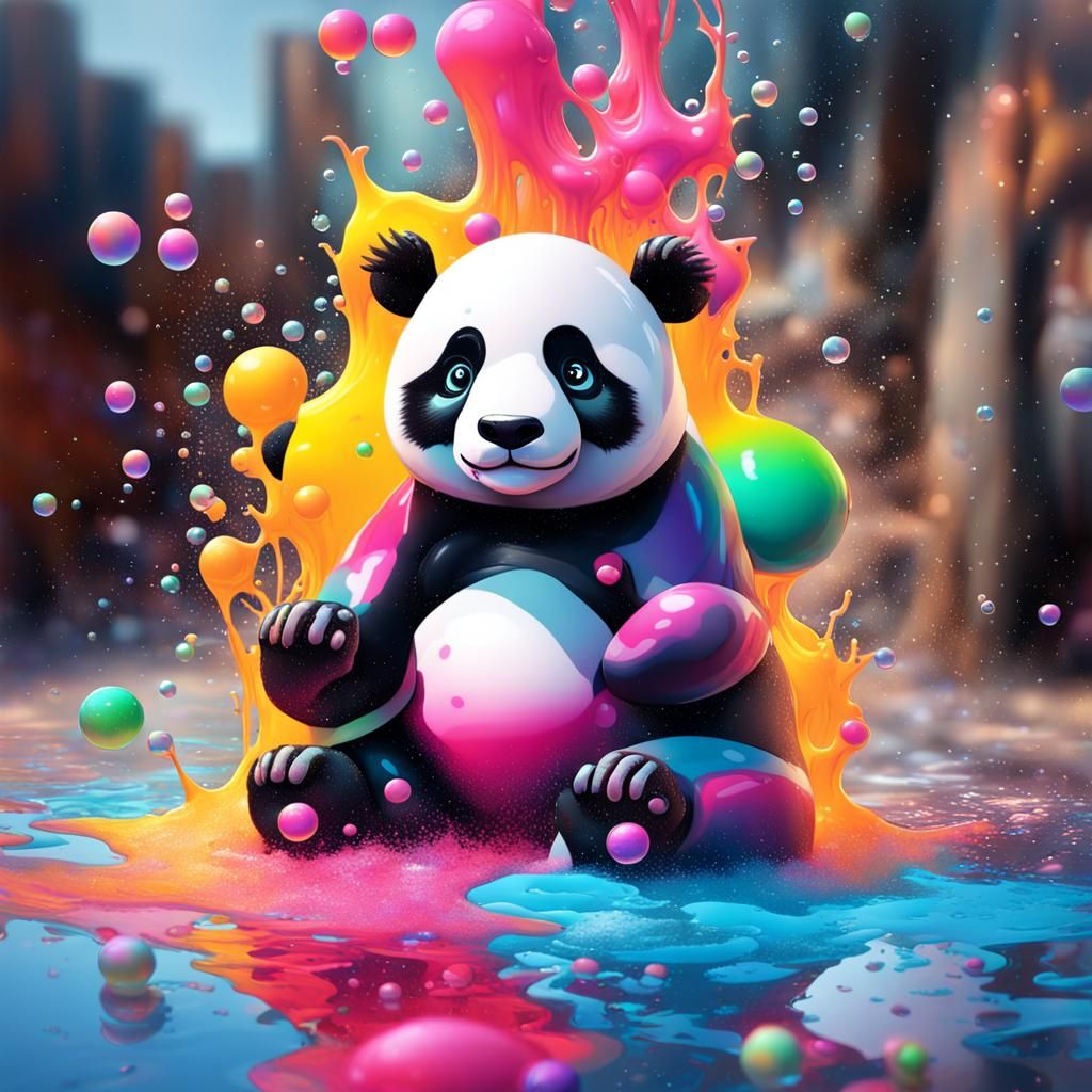 Colorful Bubble Panda in Digital Graffiti Art Style