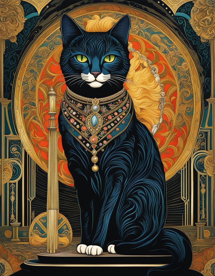 Art Deco Cat in Detailed Digital Gouache