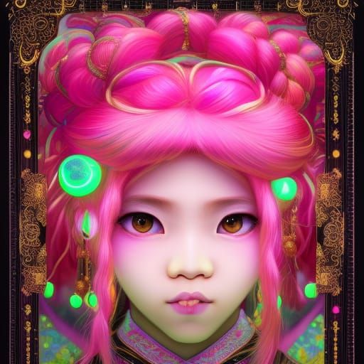 Elegant Ainu Girl with Neon Hair in Art Nouveau