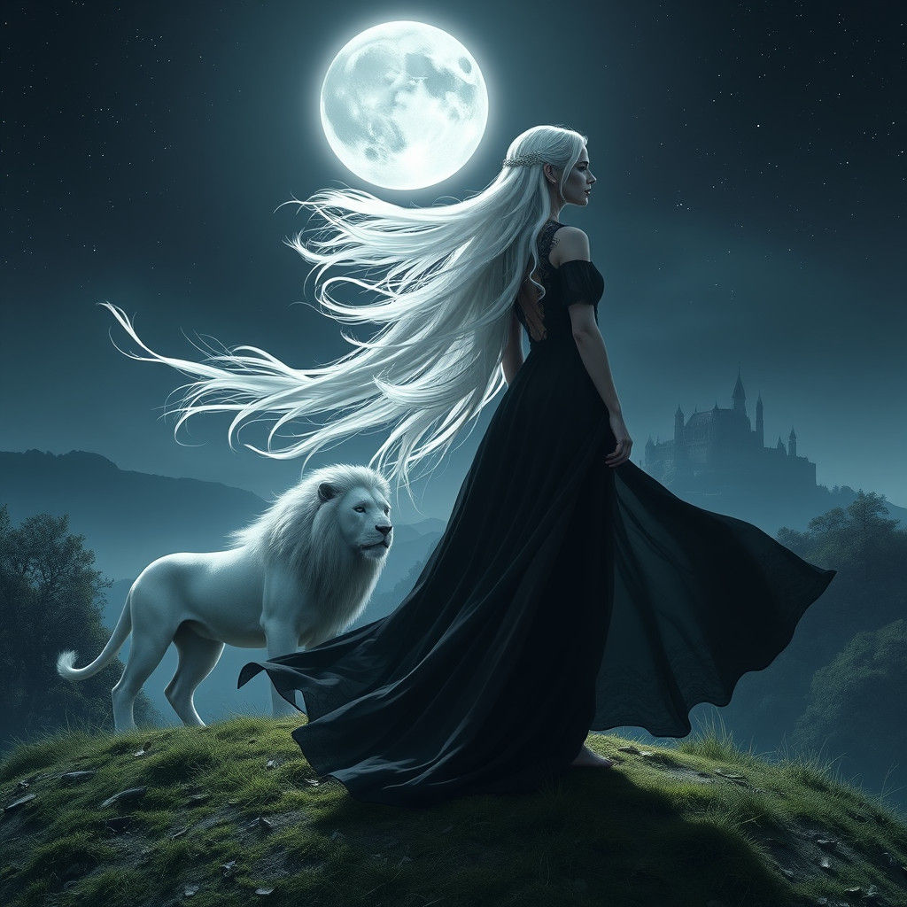 Ethereal Woman with Lion in Dreamlike Landscape