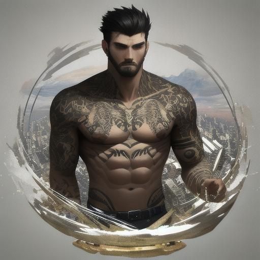 Detailed 3D World Tattoo on Muscular Chest