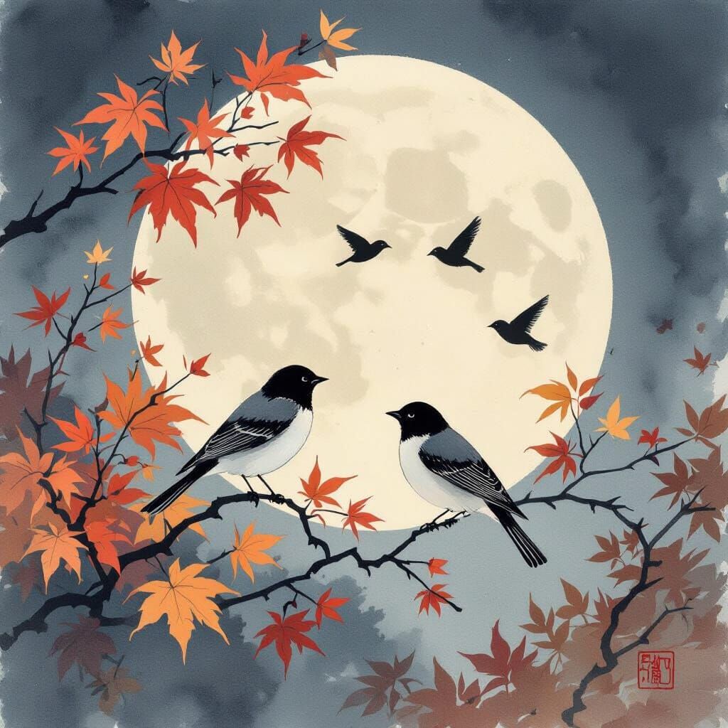 Birds Sing at Sundown Under Autumn Moon