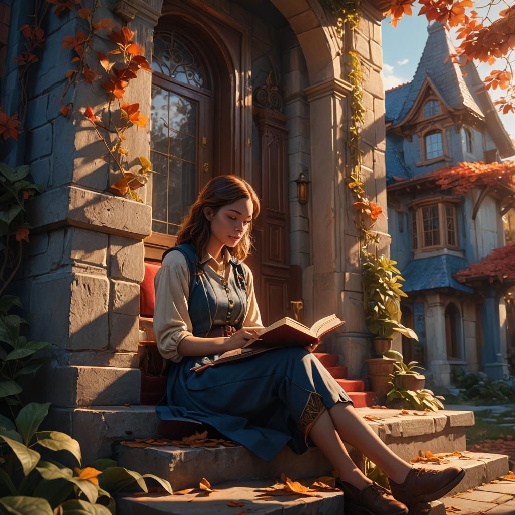 Girl Reading Book in Fantasy Landscape