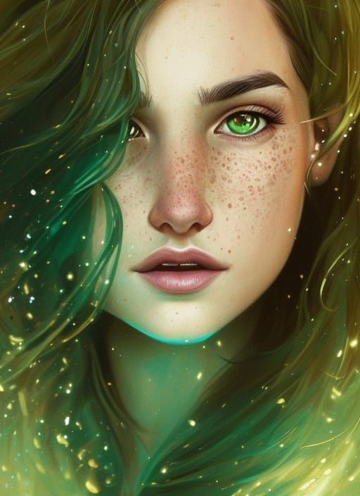 Girl with Green Eyes Portrait in Hyperdetailed Style